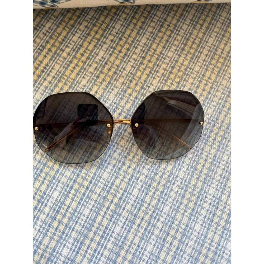 New LINDA FARROW Blue Gold Rimless Round Sunglasses